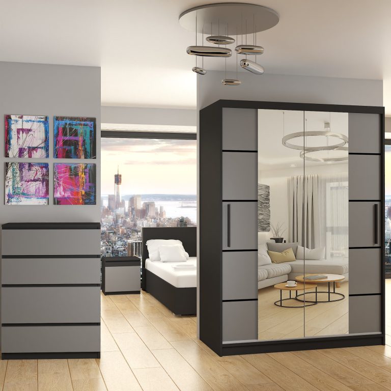Kleiderschrank 133 cm Belini schwarz matt / grau matt mit Schiebetüren mit Spiegel und Schubladen Hersteller ME SZP6/1/B/SR/0/KLP