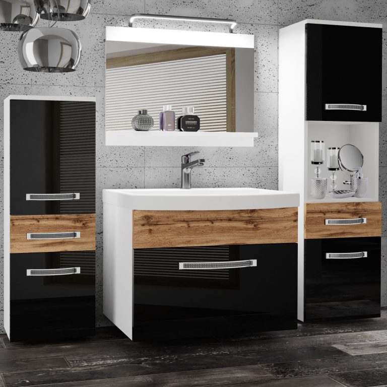 Badezimmermöbel Belini Premium Full Version Hochglanzschwarz / Wotan-Eiche + Waschbecken + Spiegel + LED-Beleuchtung Glamour 95 Hersteller GLA PM 5/0/W/BDW/0/MB/PP
