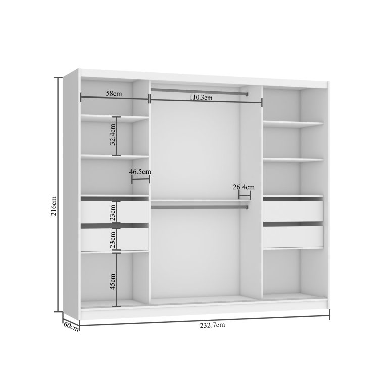 Kleiderschrank 235 cm Belini weiß matt / schwarz matt mit Schiebetüren mit Spiegel und Schubladen Hersteller MBP SZP8/0/1W/2B1L/0/KLAL