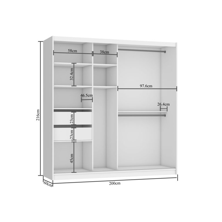 Kleiderschrank 200 cm Belini weiß matt / schwarz glänzend mit Schiebetüren mit Spiegel und Schubladen Hersteller MGB SZP5/1/W/1L5B/KLAL