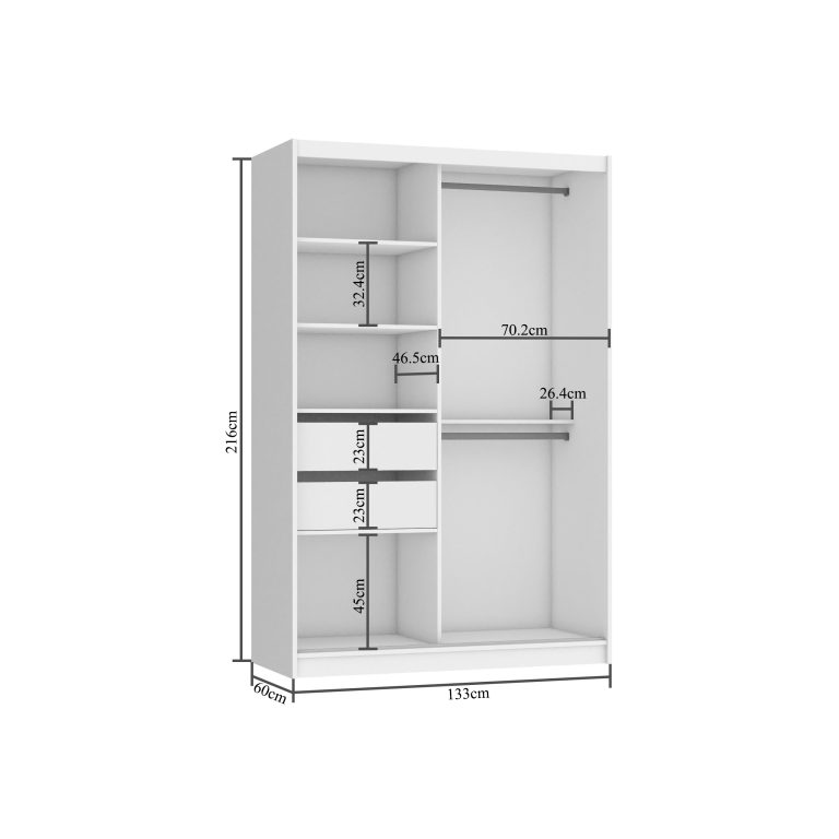 Kleiderschrank 133 cm Belini schwarz matt / weiß glänzend mit Schiebetüren mit Spiegel und Schubladen Hersteller MGB SZP6/1/B/1L5W/KLP