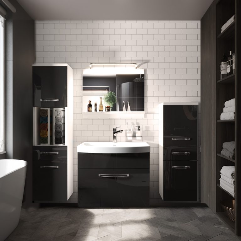 Badezimmermöbel Belini Premium Full Version Hochglanzschwarz + Waschbecken + Spiegel + LED-Beleuchtung Glamour 82 Hersteller GLA P 5/0/W/B/0/MB/PP