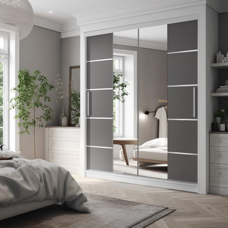 Kleiderschrank 200 cm Belini weiß matt / grau matt mit Schiebetüren mit Spiegel und Schubladen Hersteller ME SZP5/1/W/SR/0/KLAL