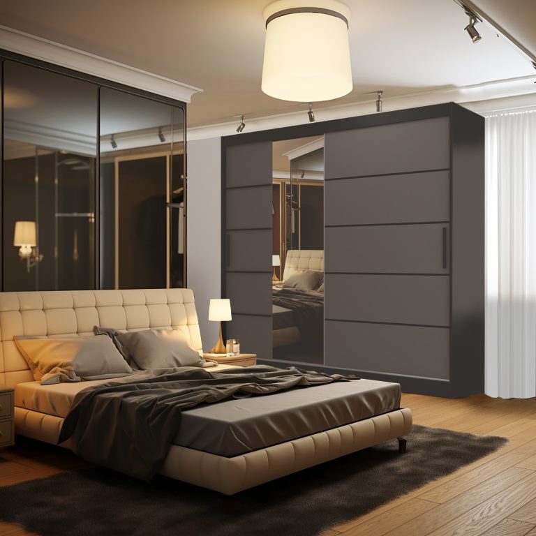 Kleiderschrank 200 cm Belini schwarz matt / grau matt mit Schiebetüren mit Spiegel und Schubladen Hersteller MBP SZP5/1/B/SR/0/KLP
