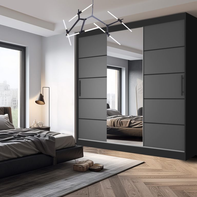 Kleiderschrank 200 cm Belini schwarz matt / grau matt mit Schiebetüren mit Spiegel und Schubladen Hersteller MT SZP5/1/B/SR/0/KLP