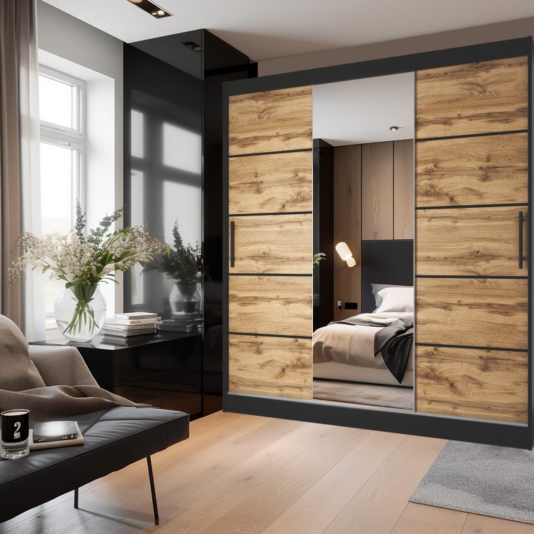 Kleiderschrank 200 cm Belini schwarz matt / Wotan-Eiche mit Schiebetüren mit Spiegel und Schubladen Hersteller MT SZP5/1/B/DW/0/KLP