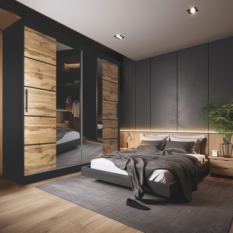 Kleiderschrank 200 cm Belini schwarz matt / Wotan-Eiche mit Schiebetüren mit Spiegel und Schubladen Hersteller ME SZP5/1/B/DW/0/KLP