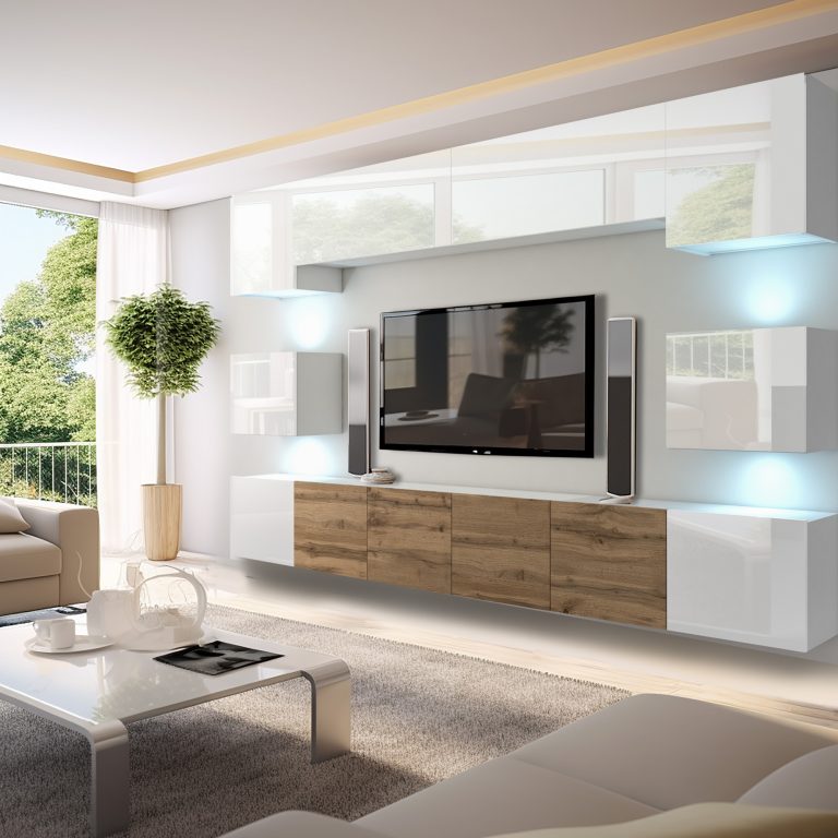 Wohnwand Belini Premium Full Version Hochglanzweiß / Wotan-Eiche + LED-Beleuchtung Nexum 44 Hersteller NEX 3/0/W/WWWDW/0/0/PP