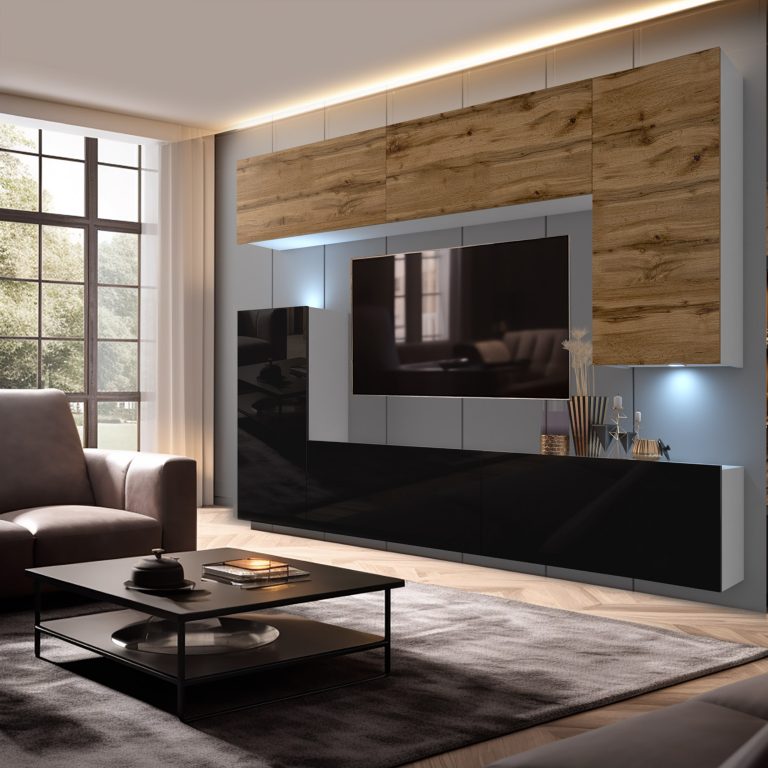 Wohnwand Belini Premium Full Version Wotan-Eiche / Hochglanzschwarz + LED-Beleuchtung Nexum 130 Hersteller NEX 8/0/W/DWB/0/0/PP