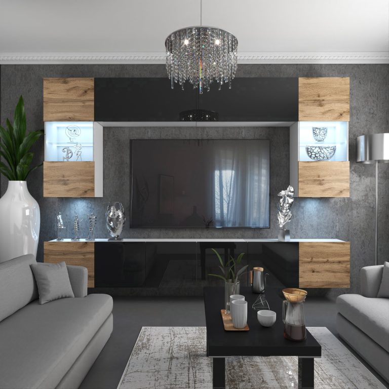 Wohnwand Belini Premium Full Version Hochglanzschwarz / Wotan-Eiche+ LED-Beleuchtung Nexum 15 Hersteller NEX 1/0/W/DWBDWB/0/0/PP