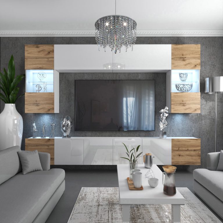 Wohnwand Belini Premium Full Version Hochglanzweiß / Wotan-Eiche+ LED-Beleuchtung Nexum 6 Hersteller NEX 1/0/W/DWWDWW/0/0/PP
