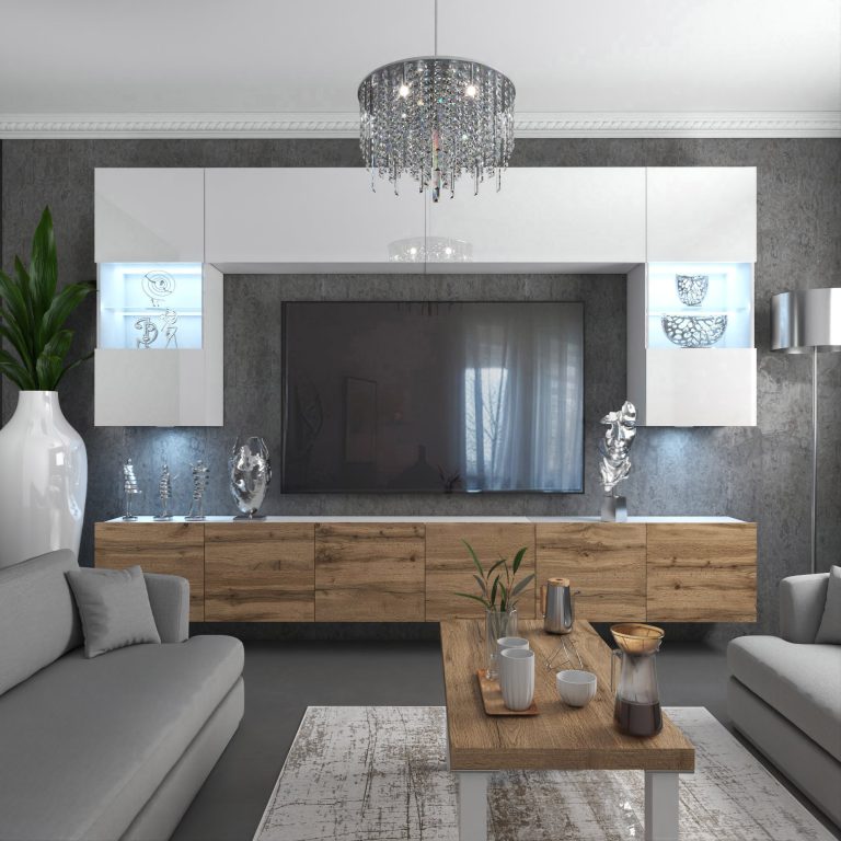 Wohnwand Belini Premium Full Version Hochglanzweiß / Wotan-Eiche+ LED-Beleuchtung Nexum 5 Hersteller NEX 1/0/W/WDW/0/0/PP