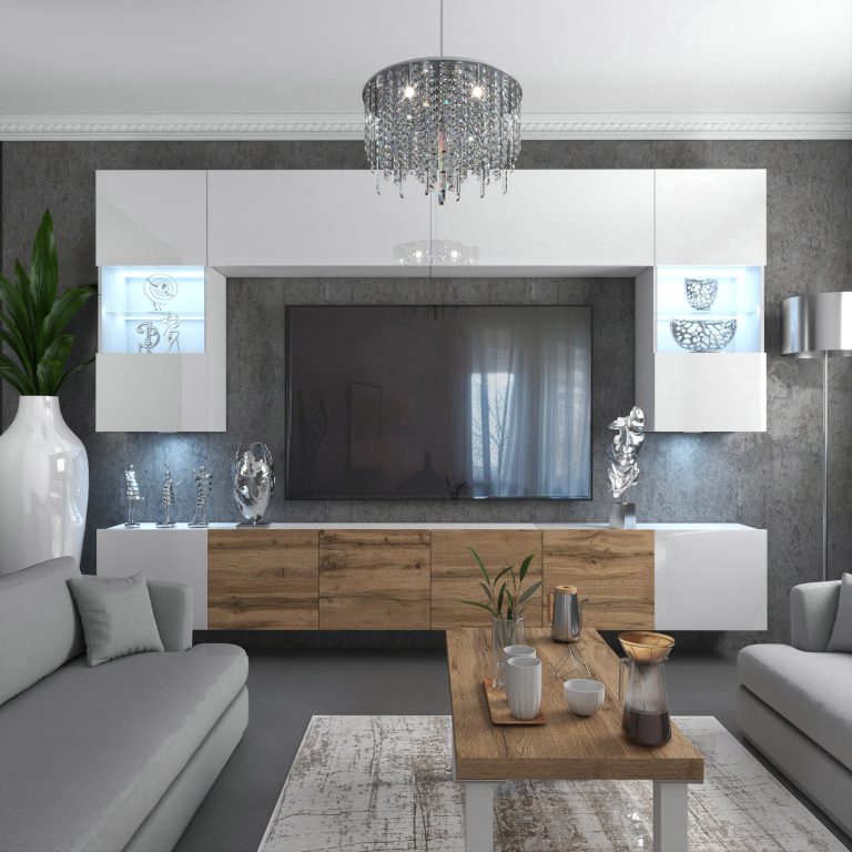 Wohnwand Belini Premium Full Version Hochglanzweiß / Wotan-Eiche+ LED-Beleuchtung Nexum 8 Hersteller NEX 1/0/W/WWDW/0/0/PP