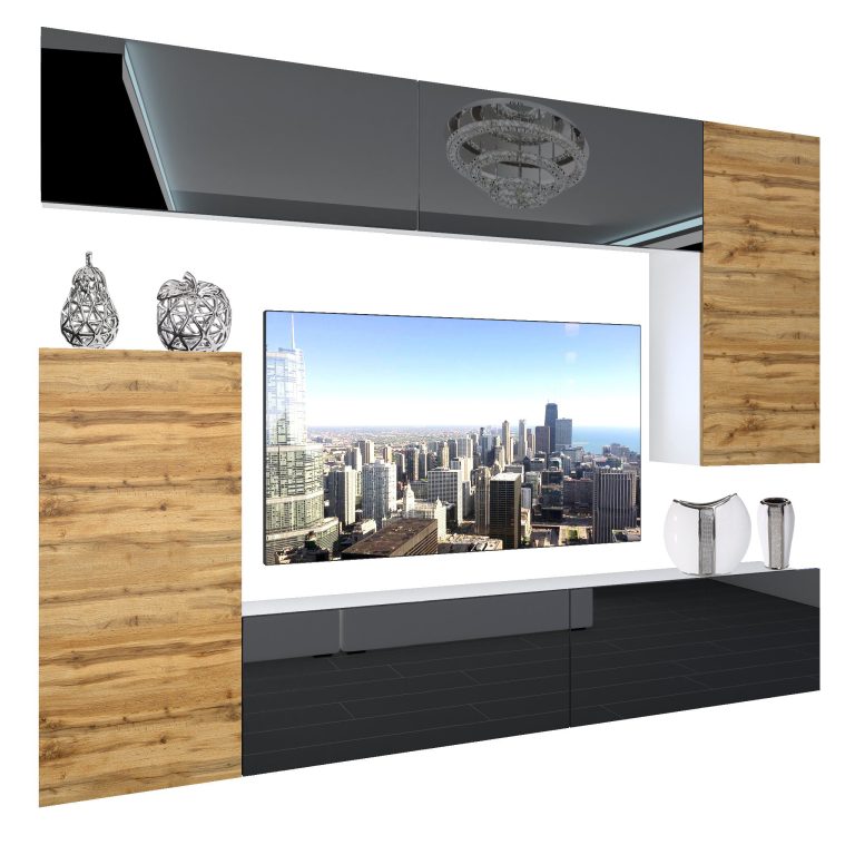 Wohnwand Belini Premium Full Version Hochglanzschwarz / Wotan-Eiche + LED-Beleuchtung Nexum 126 Hersteller NEX 8/0/W/BDWDWB/0/0/PP