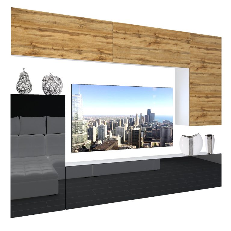 Wohnwand Belini Premium Full Version Wotan-Eiche / Hochglanzschwarz + LED-Beleuchtung Nexum 130 Hersteller NEX 8/0/W/DWB/0/0/PP
