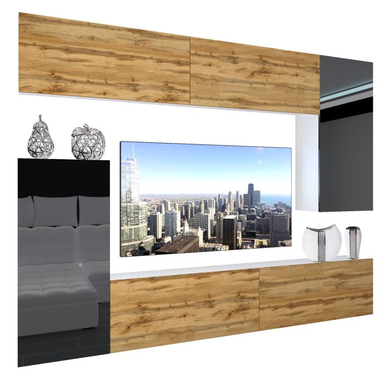 Wohnwand Belini Premium Full Version Hochglanzschwarz / Wotan-Eiche + LED-Beleuchtung Nexum 127 Hersteller NEX 8/0/W/DWBBDW/0/0/PP