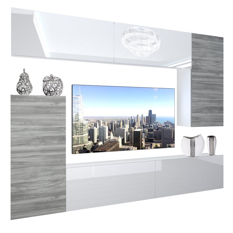 Wohnwand Belini Premium Full Version Hochglanz weiß-Grau Anthrazit Glamour Wood+ LED-Beleuchtung Nexum 119 Hersteller NEX 8/0/W/WGW1WGW1/0/0/PP