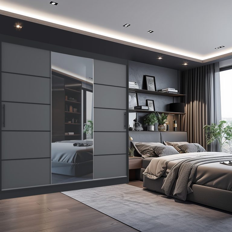 Kleiderschrank 235 cm Belini schwarz matt / grau matt mit Schiebetüren mit Spiegel und Schubladen Hersteller MBP SZP8/0/1B/2SR1L/0/KLP