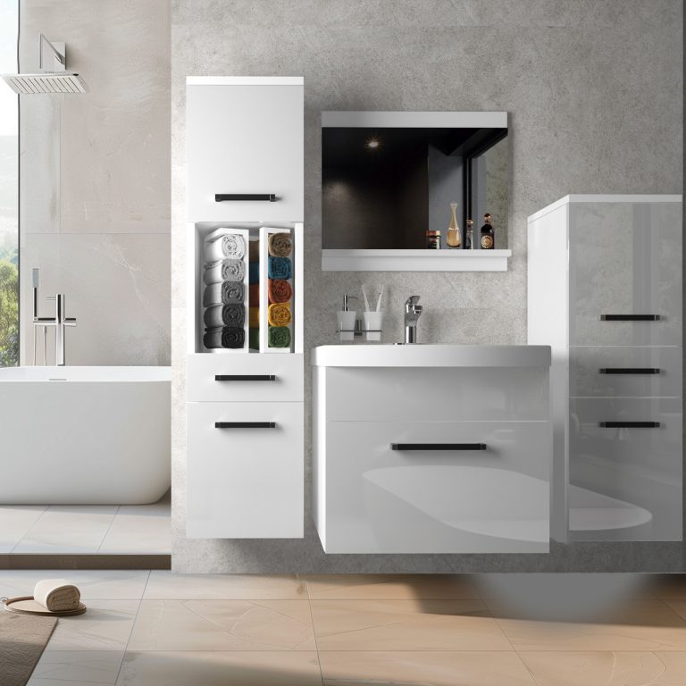 Badezimmermöbel Belini weiß glänzend + Waschbecken + Spiegel Hersteller ROD P 5/0/W/W/0/ZW