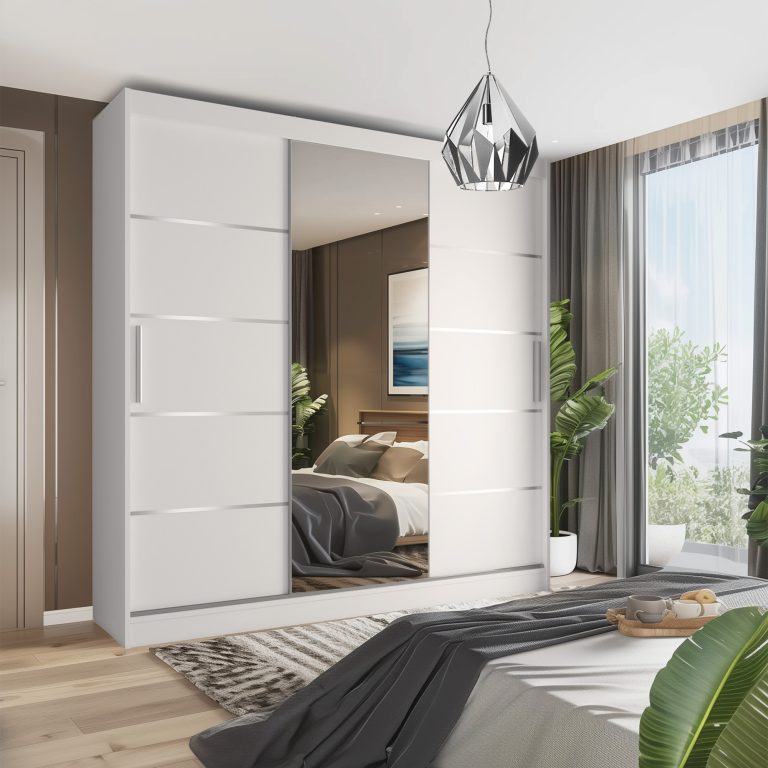 Kleiderschrank 235 cm Belini weiß matt mit Schiebetüren mit Spiegel und Schubladen Hersteller MBP SZP8/0/1W/2W1L/0/KLAL
