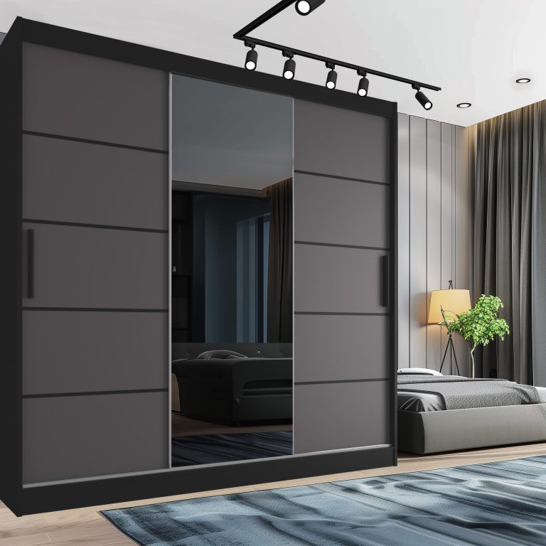 Kleiderschrank 200 cm Belini schwarz matt / grau matt mit Schiebetüren mit Spiegel und Schubladen Hersteller MT SZP5/1/B/SR/0/KLP