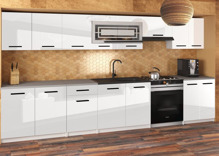 Küchenzeile JULIA 320 cm weiß Hochglanz ohne Arbeitsplatte Hersteller INF JULIA/0/WT/W/BB/B1