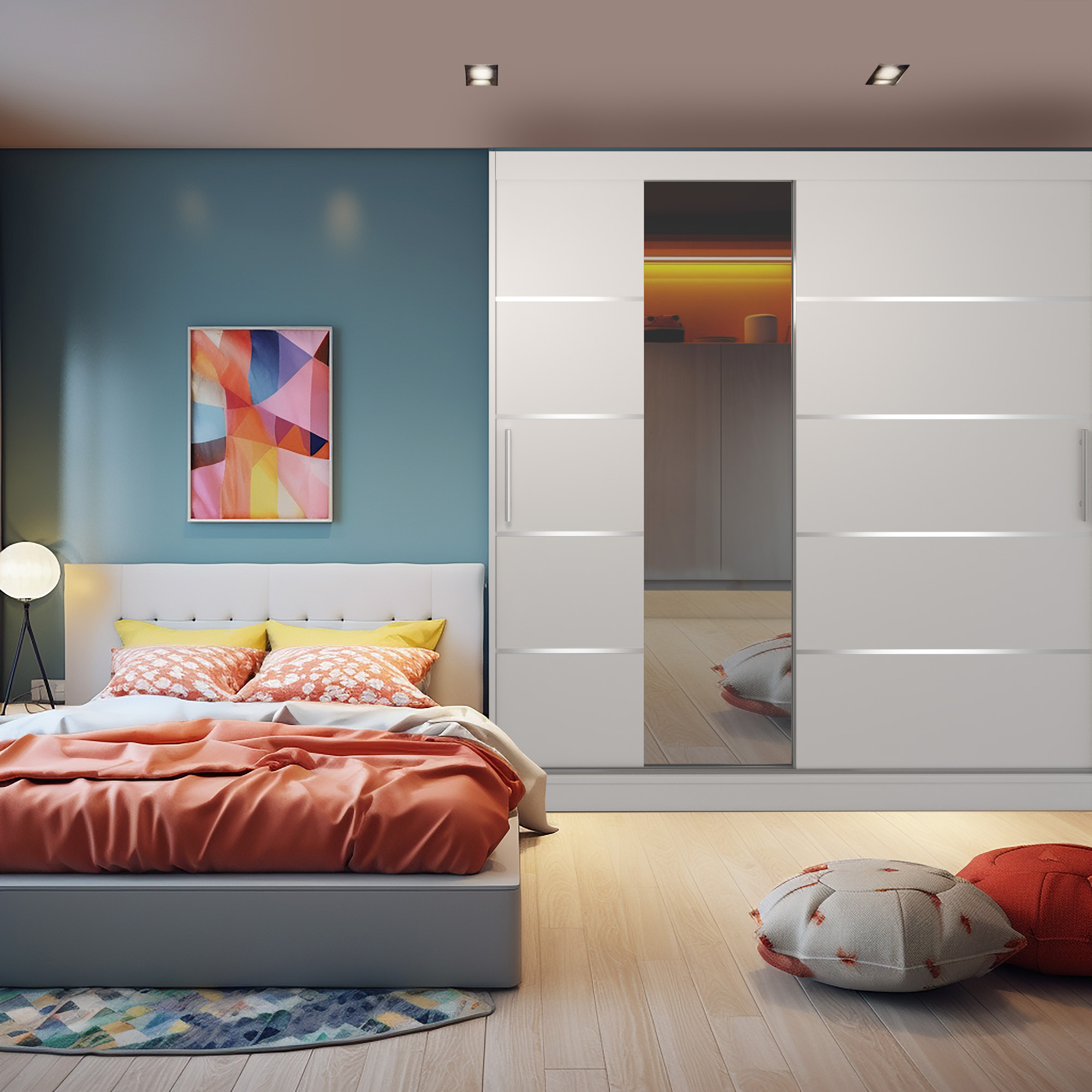 Schlafzimmer mit farbenfrohem Design und Komfort