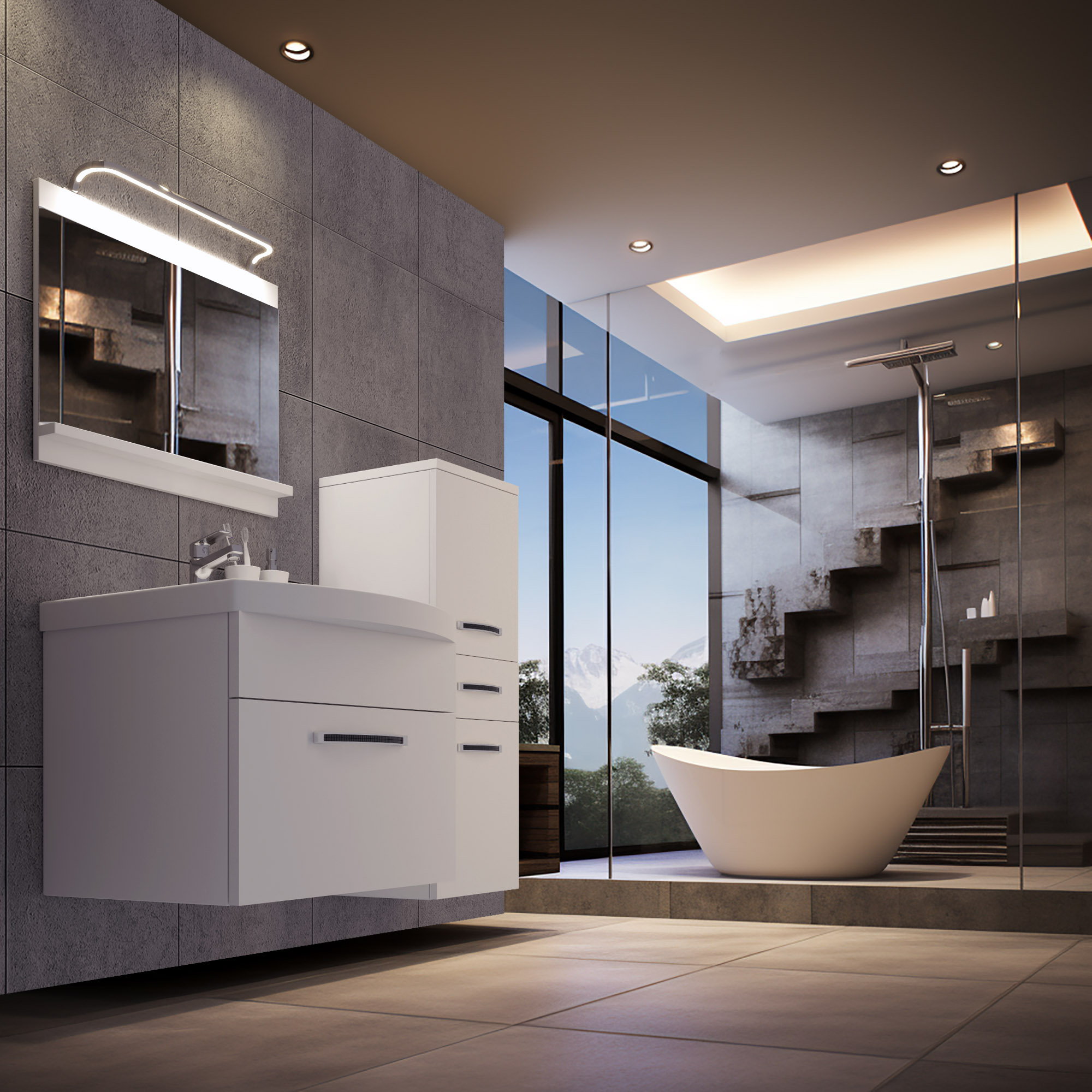 Modernes Badezimmer-Design mit Badewanne und großem Fenster