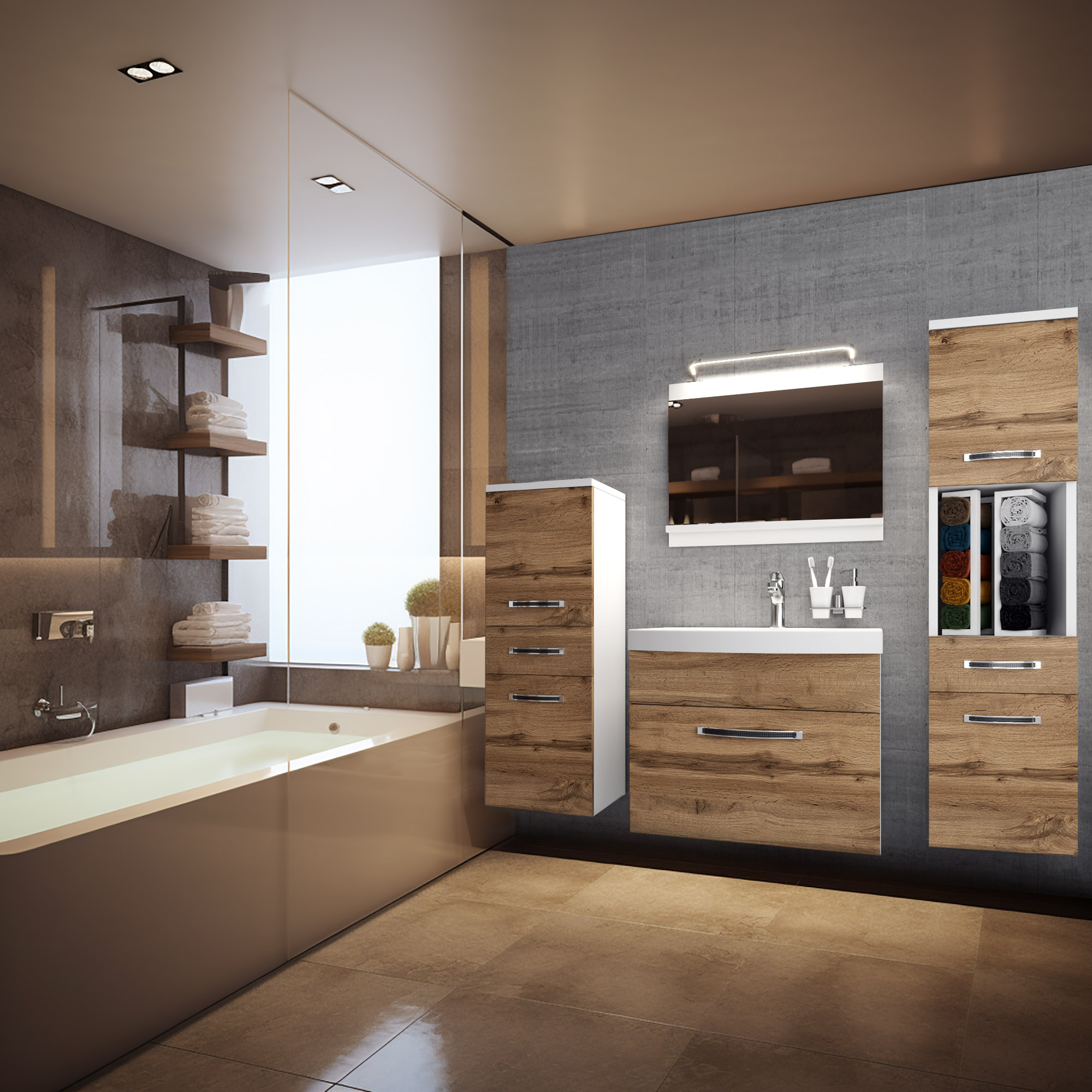 Elegantes Badezimmer mit Holzschränken und Lichtspiel