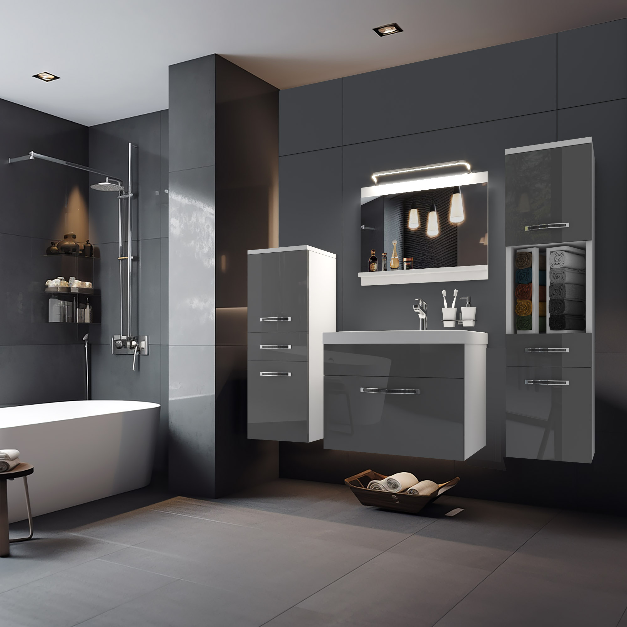 Modernes Badezimmer mit grauen Möbeln