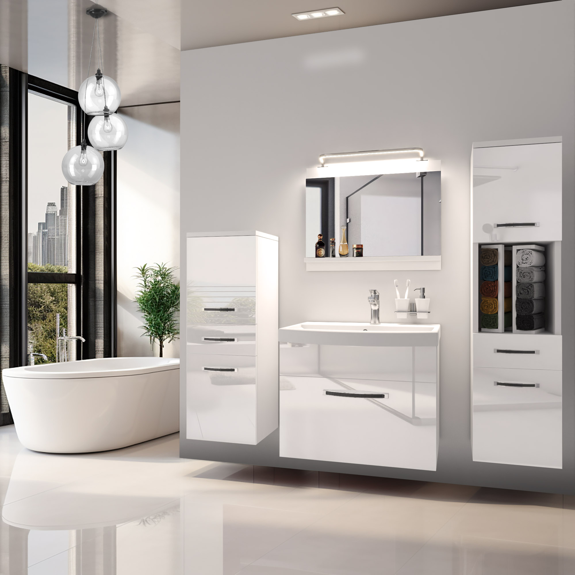 Badezimmer mit glänzenden weißen Möbeln und Badewanne