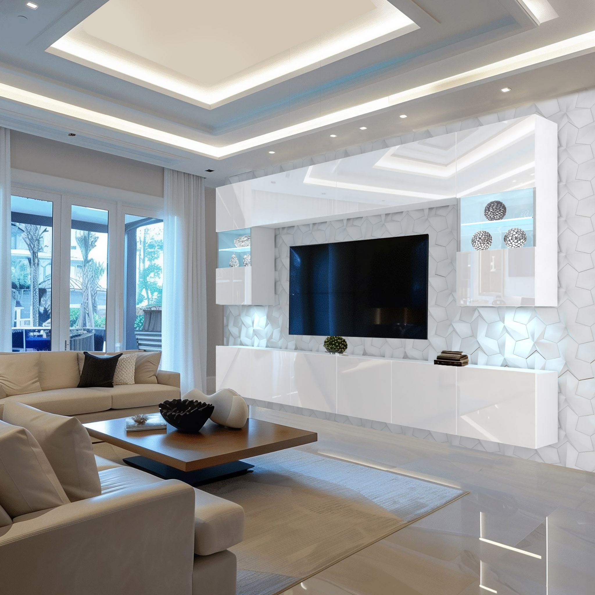 Wohnzimmer mit weißer Akzentwand und Möbeln