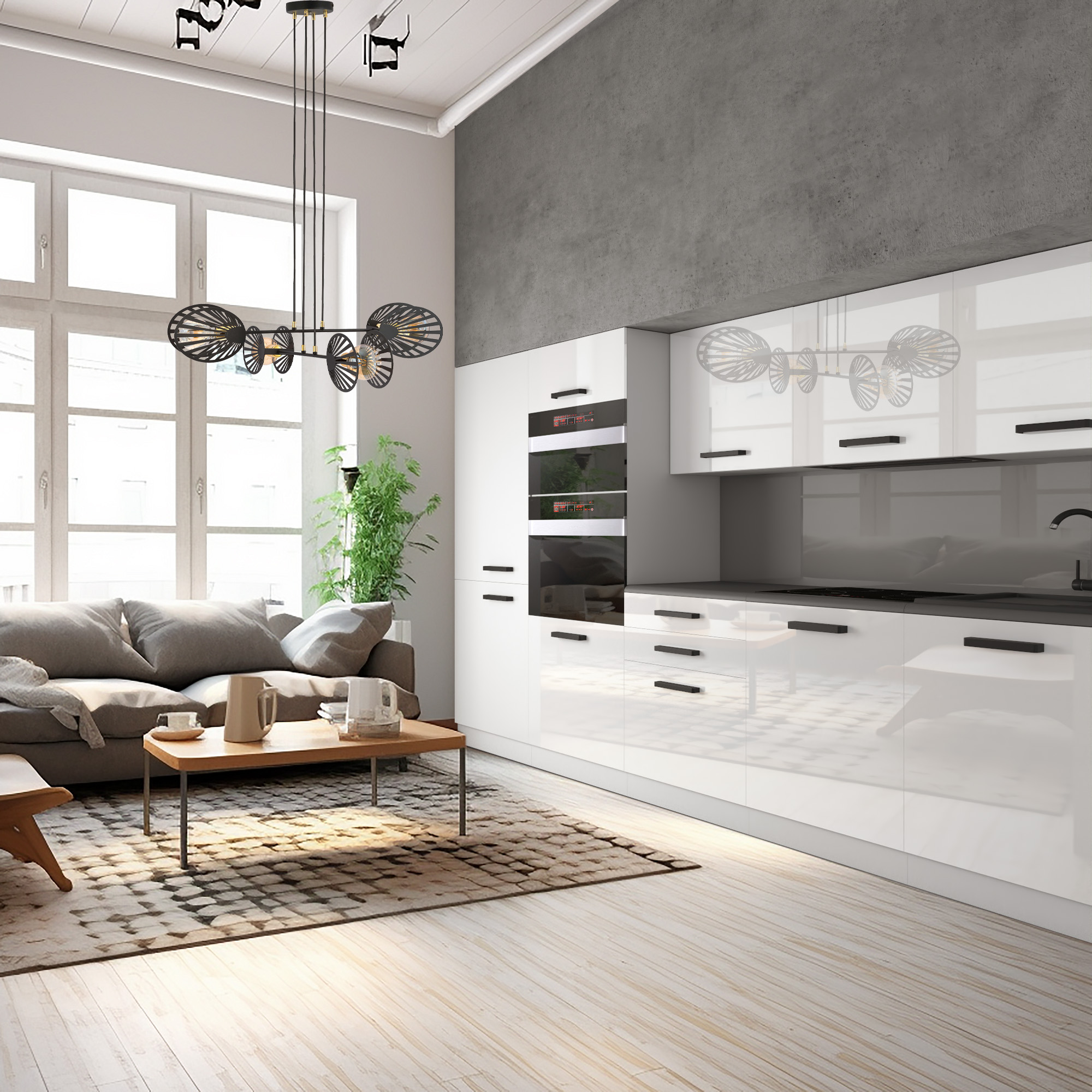 Helle, stilvolle Küche mit weißen Schränken und Sofa