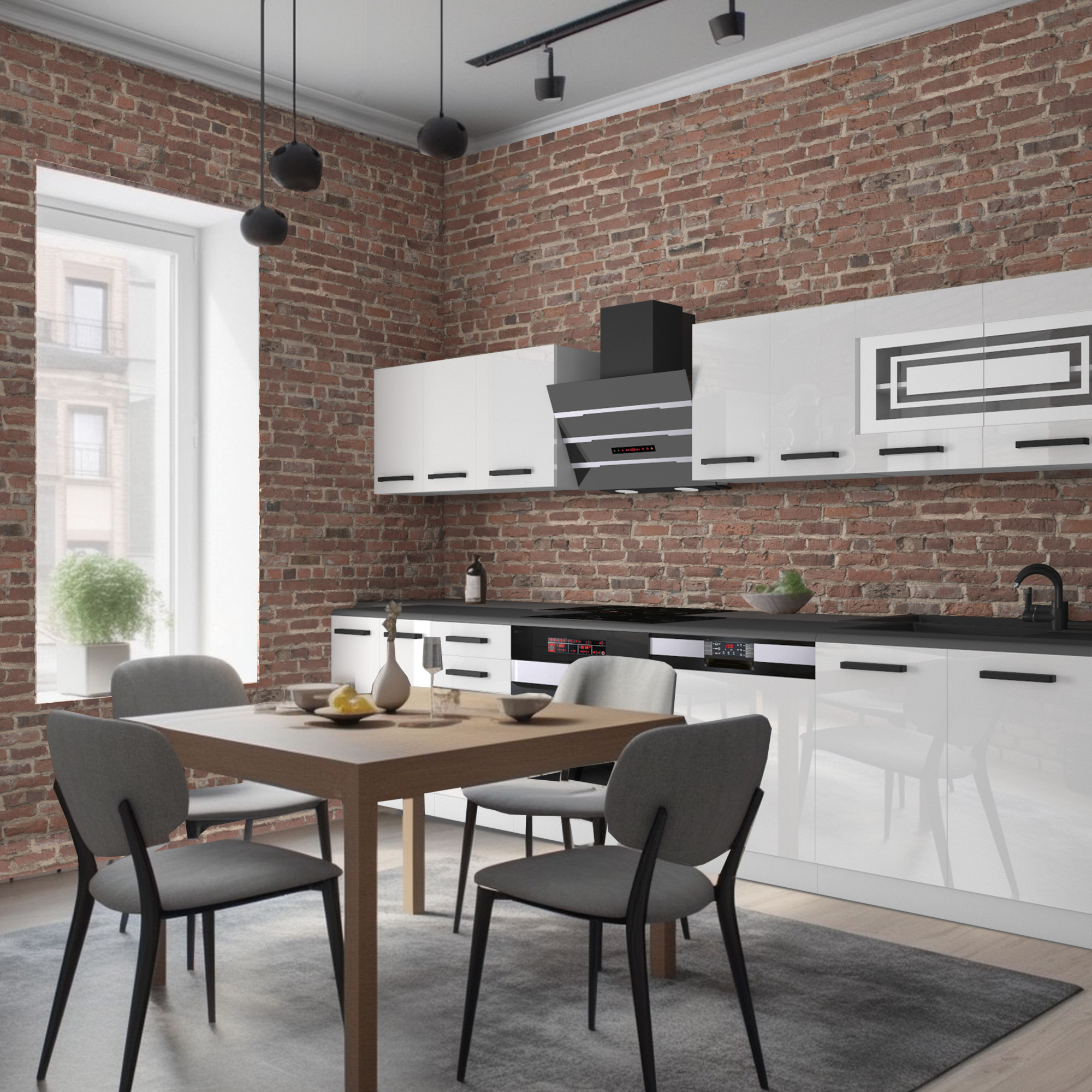 Küche mit Ziegelwänden und modernem Design