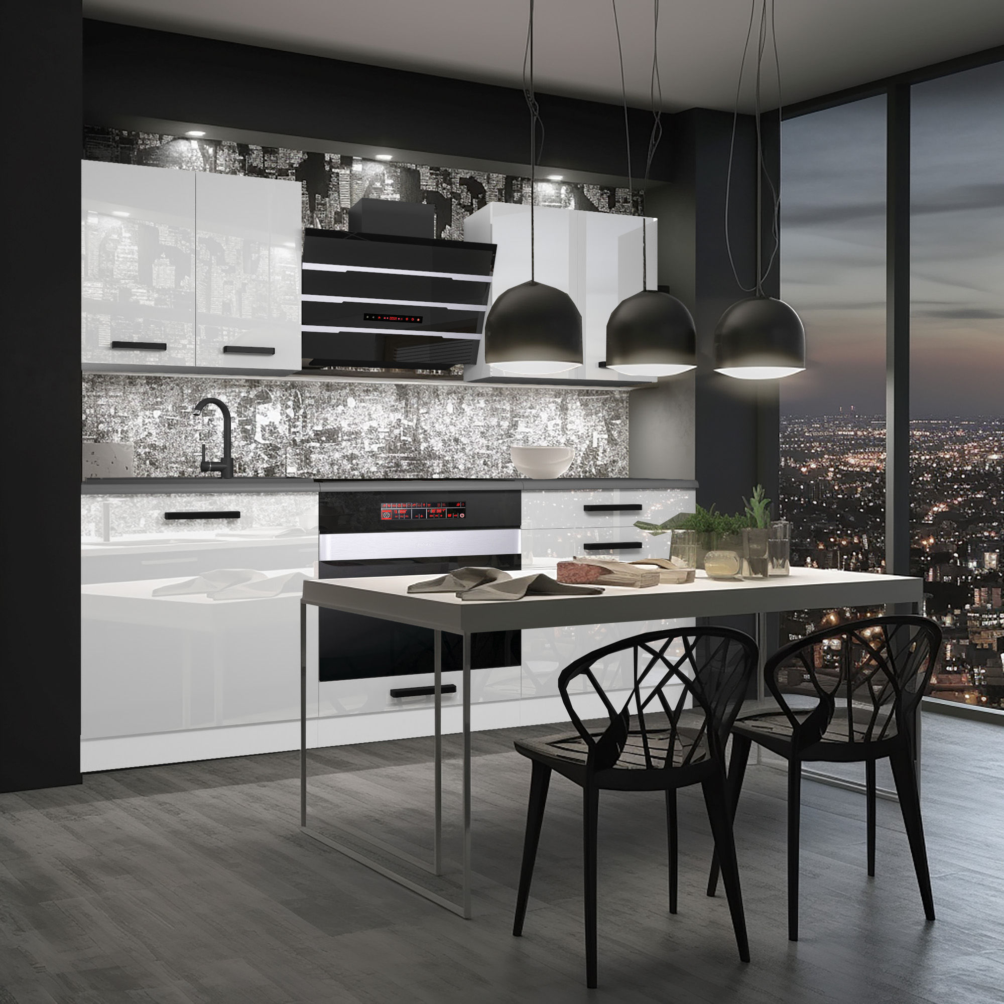 Moderne Küche mit Blick auf die Stadt bei Nacht