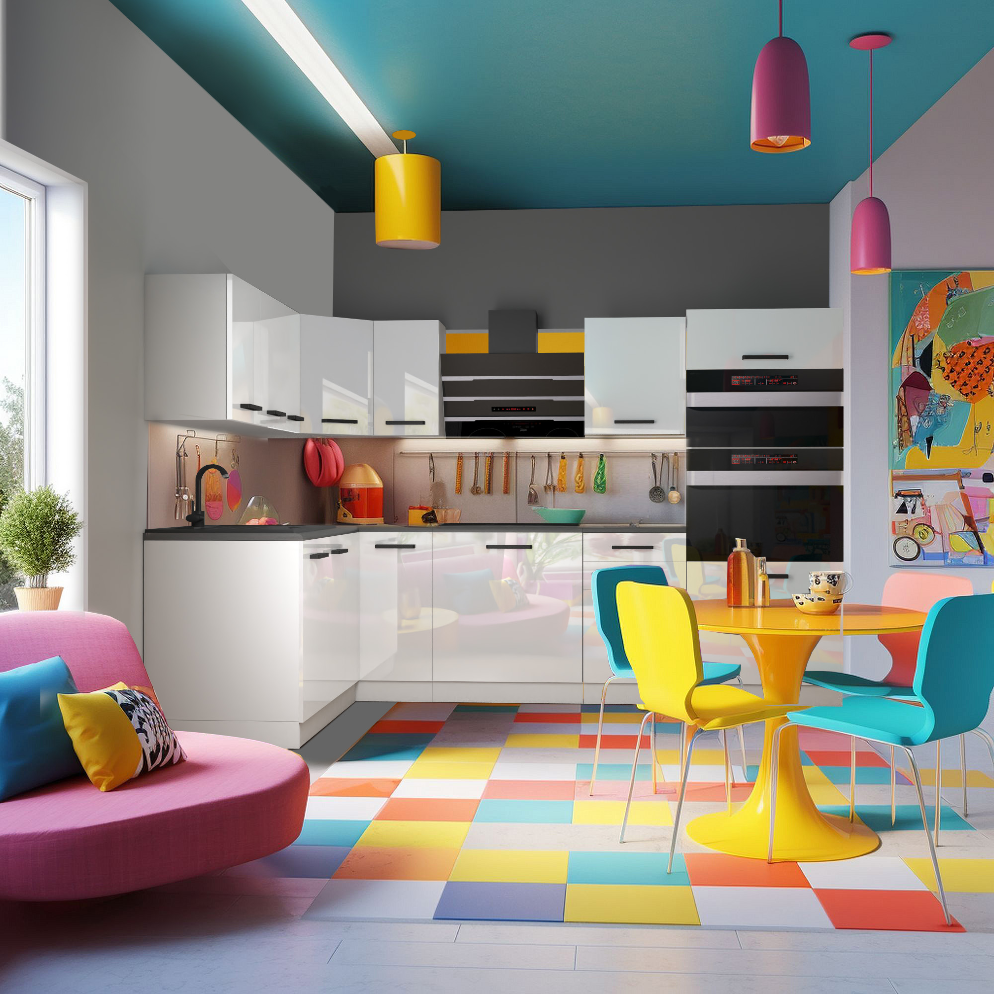 Bunte Küche mit farbenfrohen Möbeln und Retro-Flair
