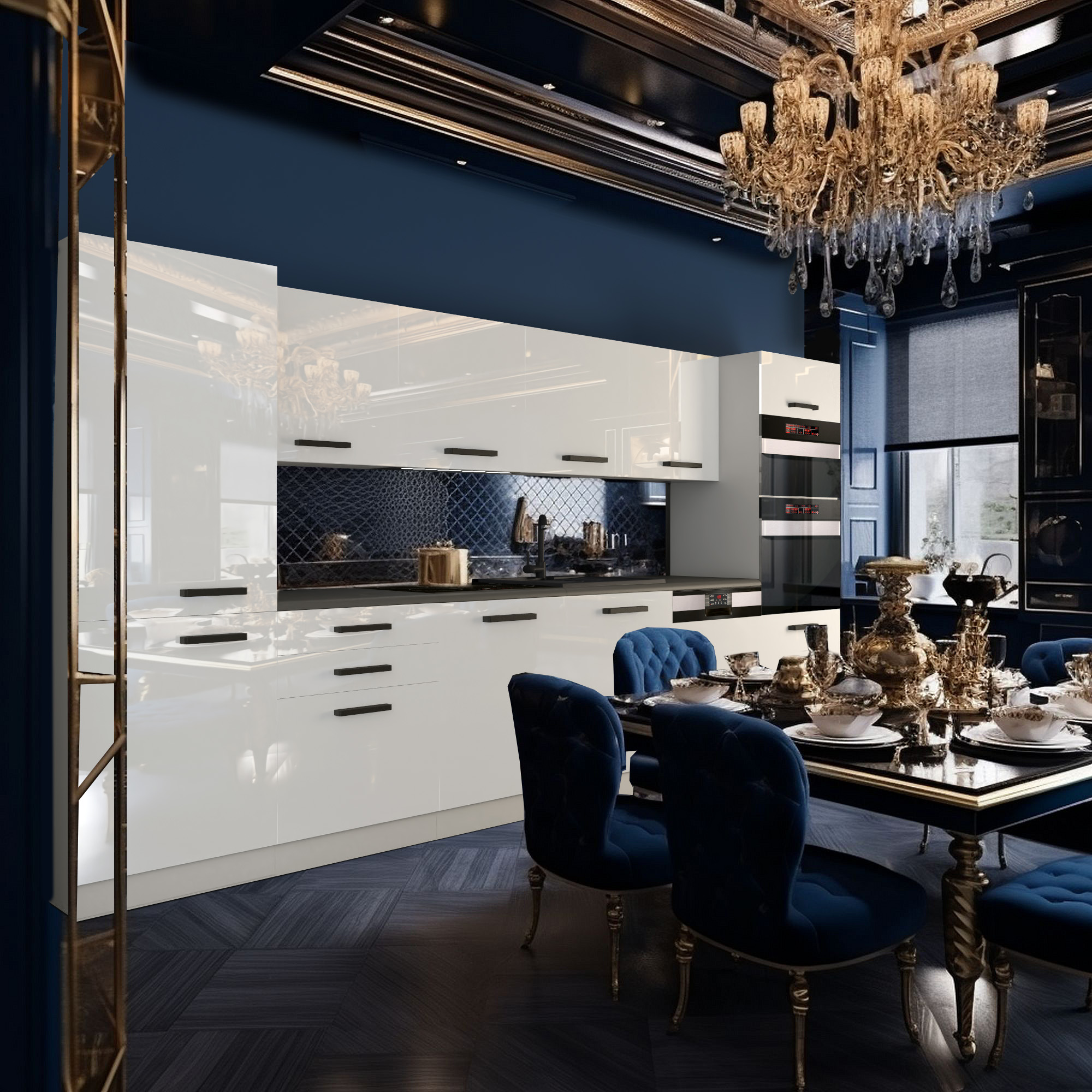Elegante Küche mit Kronleuchter und weißem Design