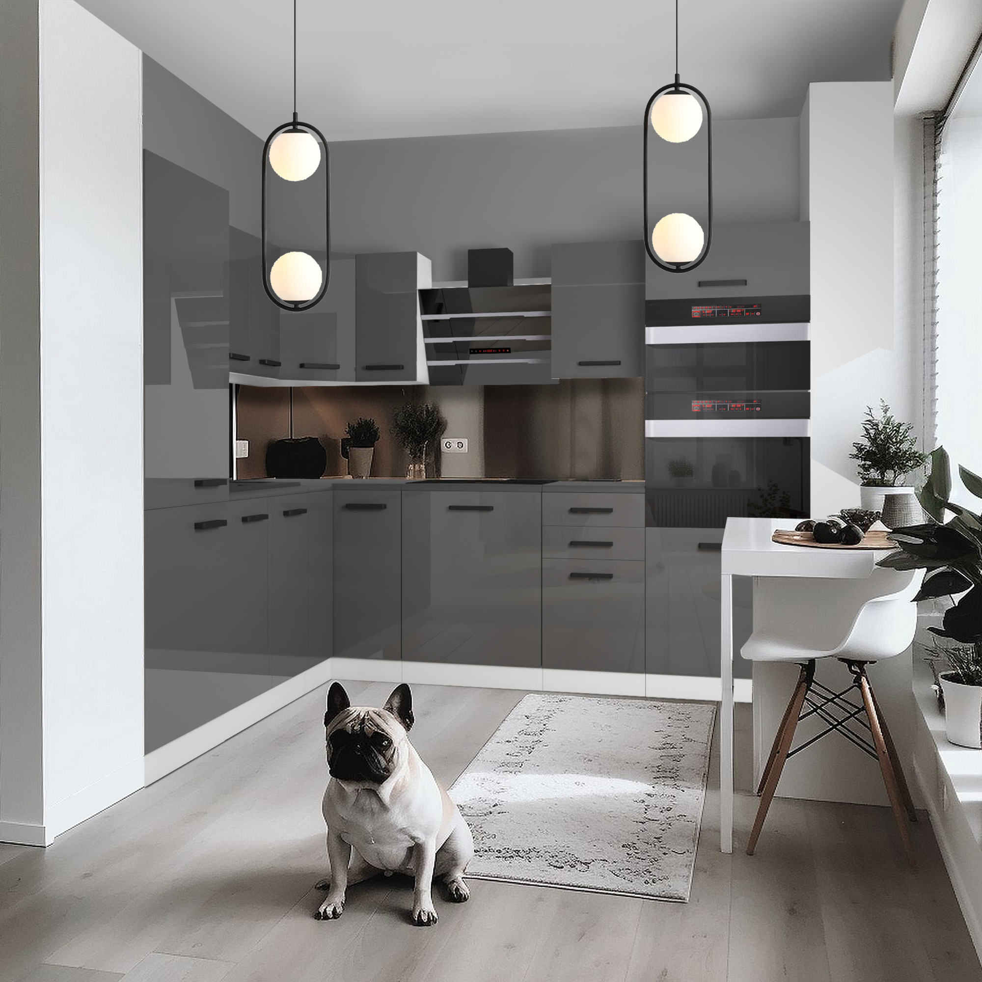 Graue Küche mit modernen Lampen und Tisch