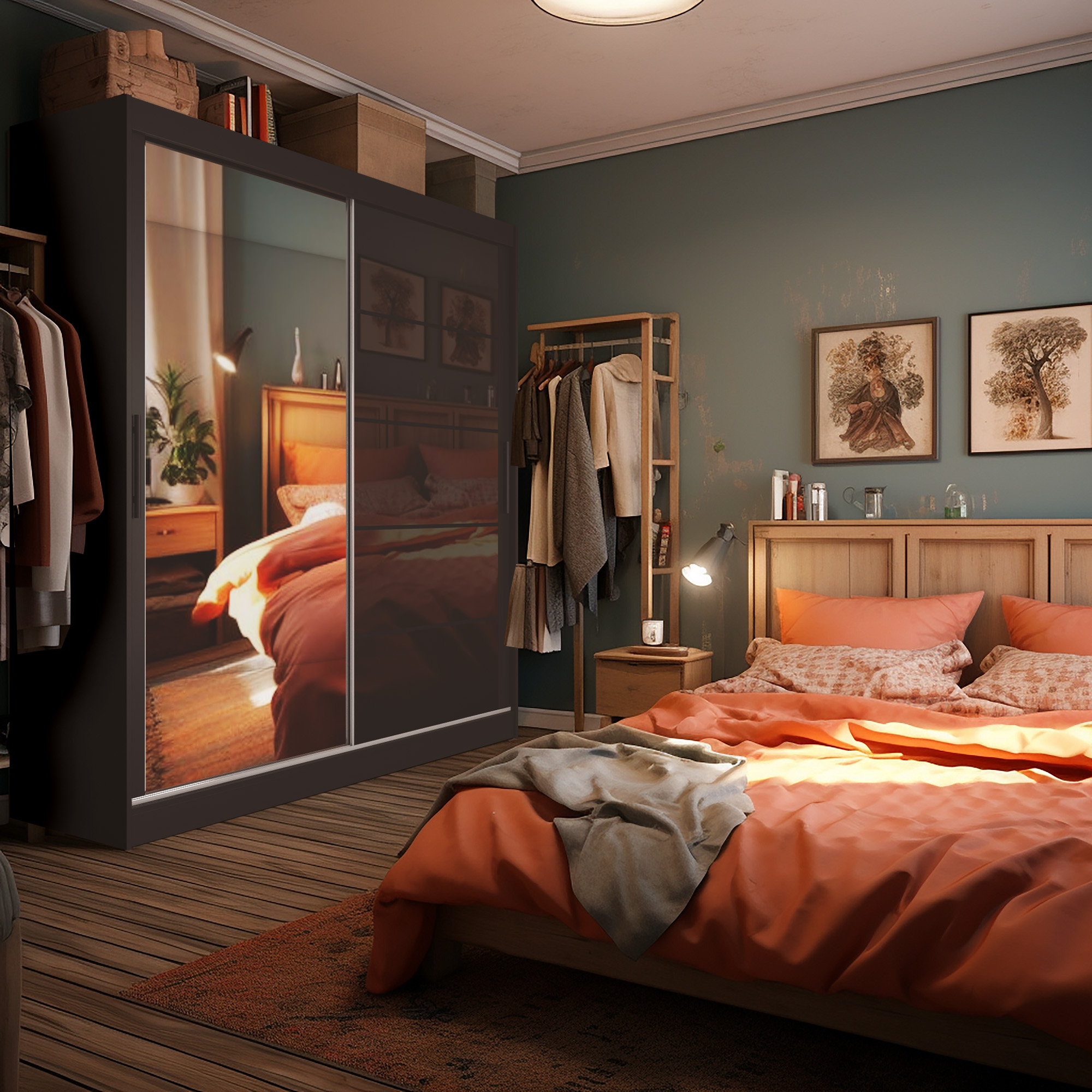Gemütliches Schlafzimmer mit Holzschrank