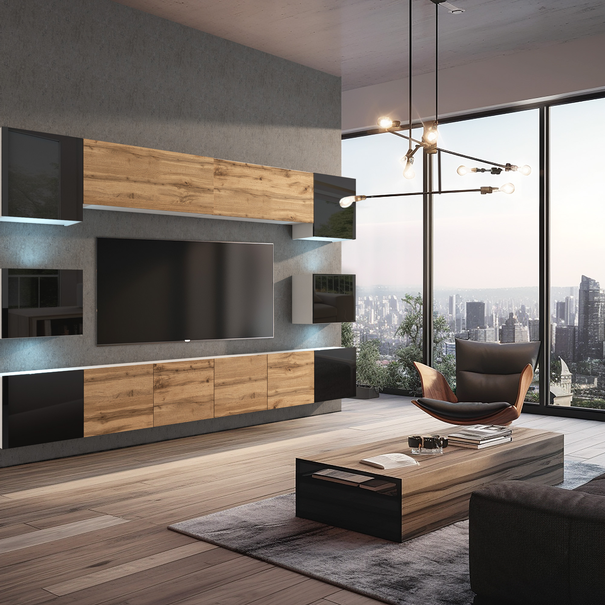 Holzwand mit TV und modernem Wohnzimmerdesign