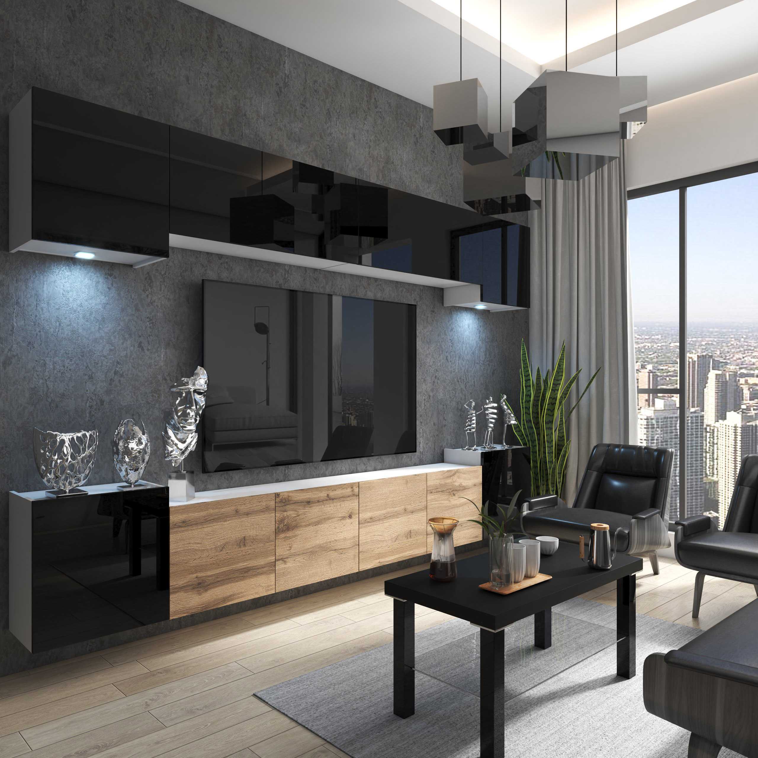 modernes Wohnzimmer mit Stadtblick und eleganter Einrichtung