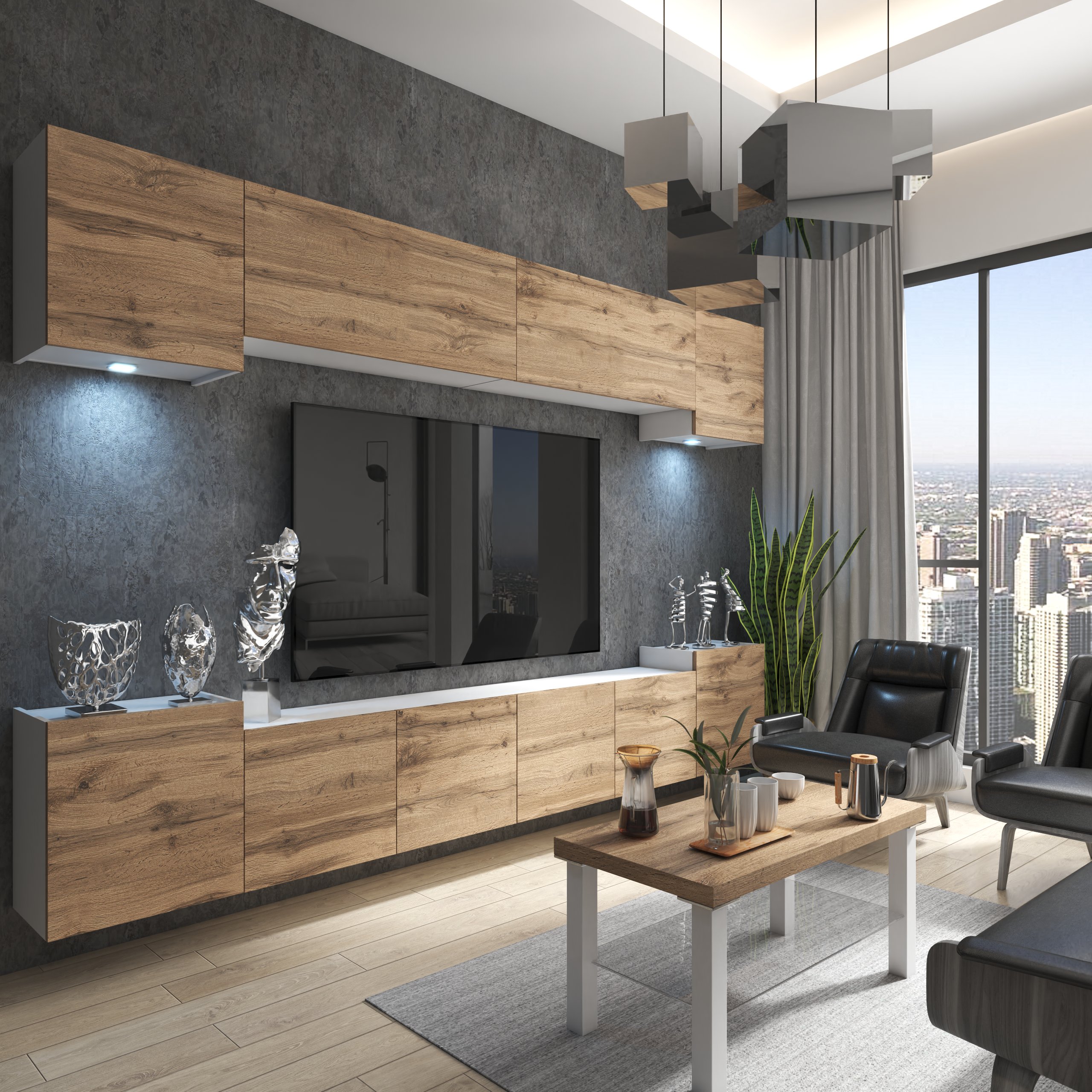 Wohnzimmer mit Holzdetails und Stadtblick