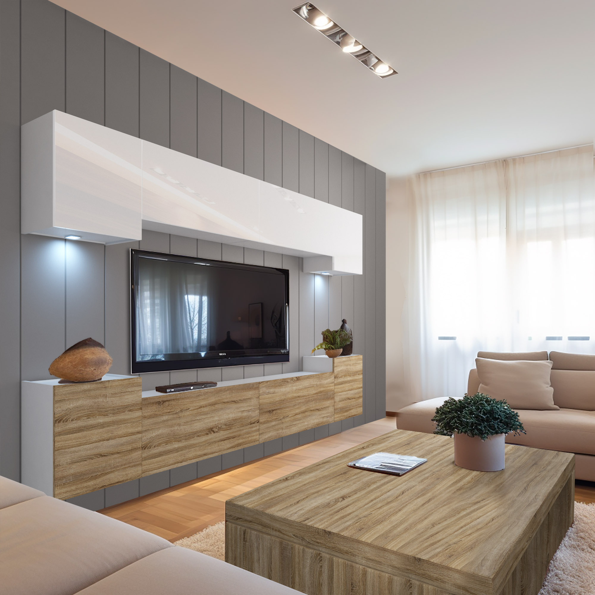 Skandinavisches Wohnzimmer mit Holzmöbeln und TV-Wand