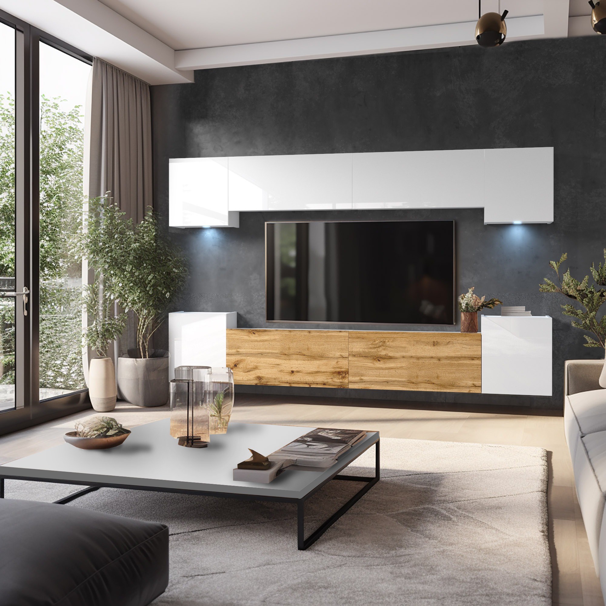 Wohnzimmer mit moderner Wohnwand und Holzakzenten