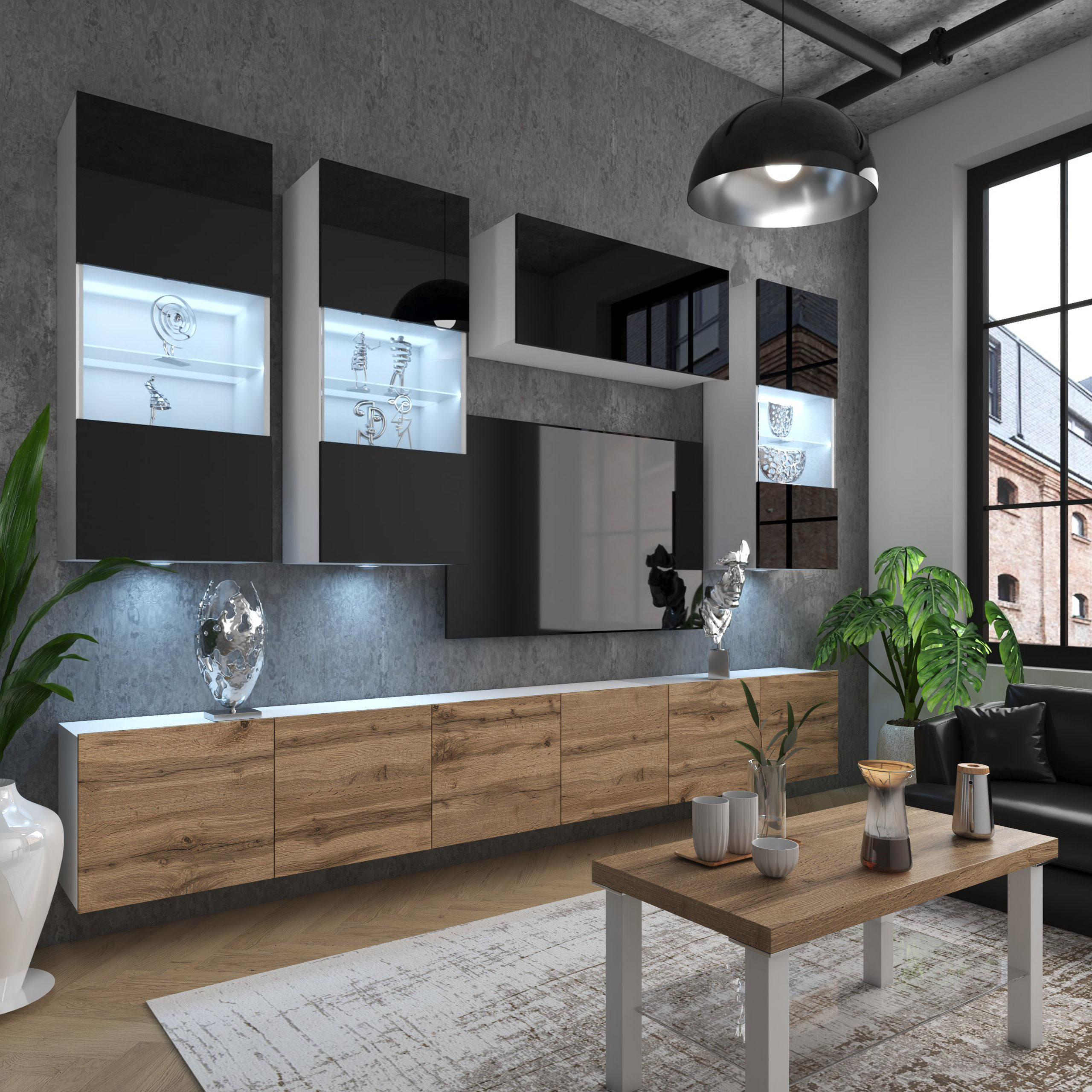 Elegantes Wohnzimmer mit Holz- und Metallelementen