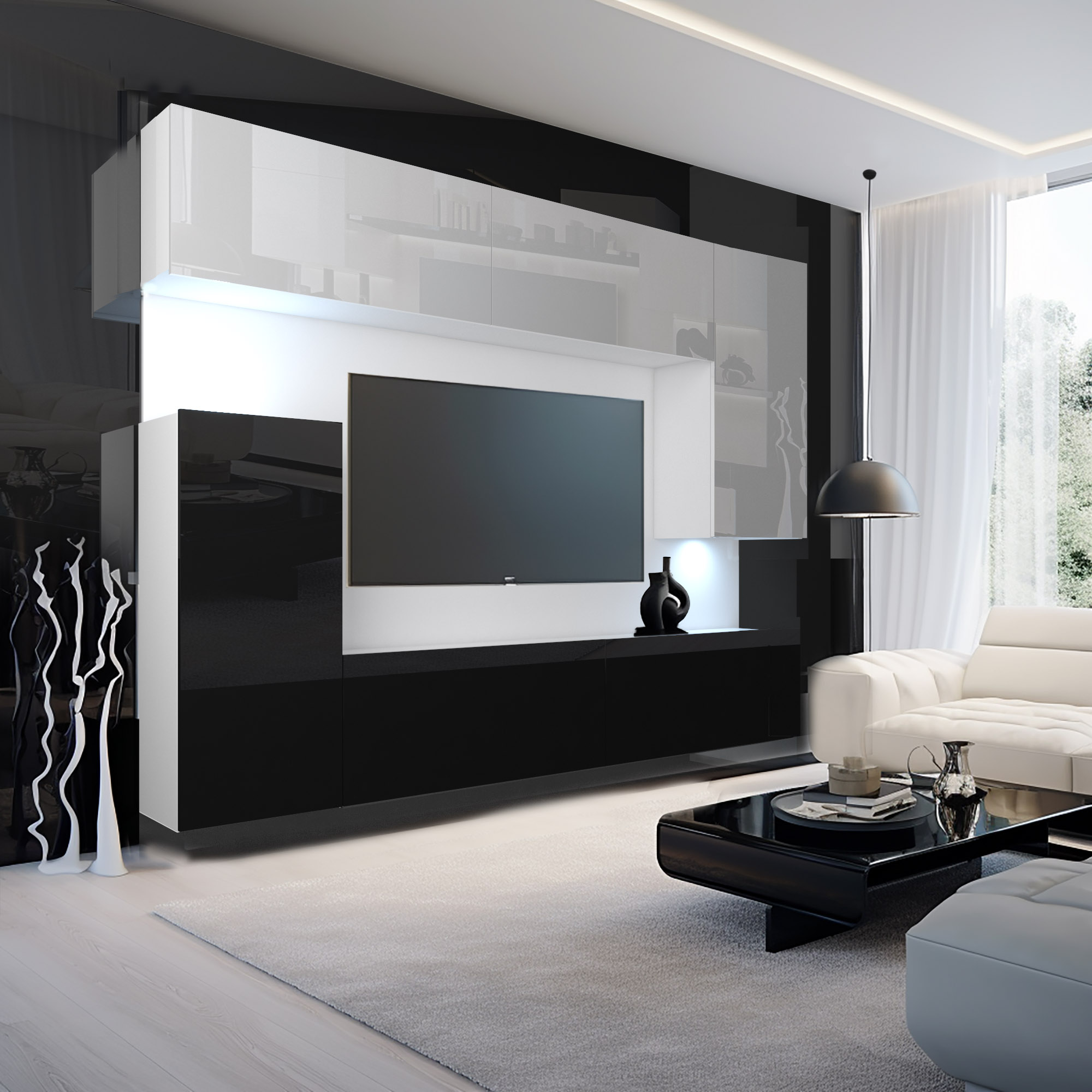 Schwarz-weiße Wohnzimmermöbel mit TV-Wand