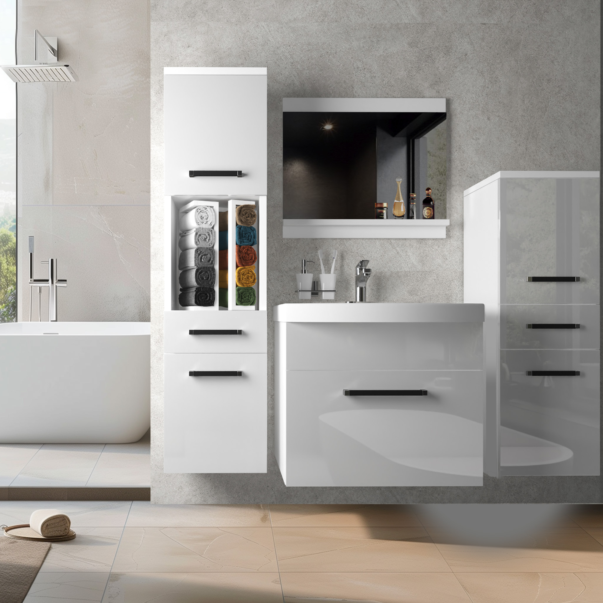 Badezimmer mit weißen Möbeln und viel Stauraum