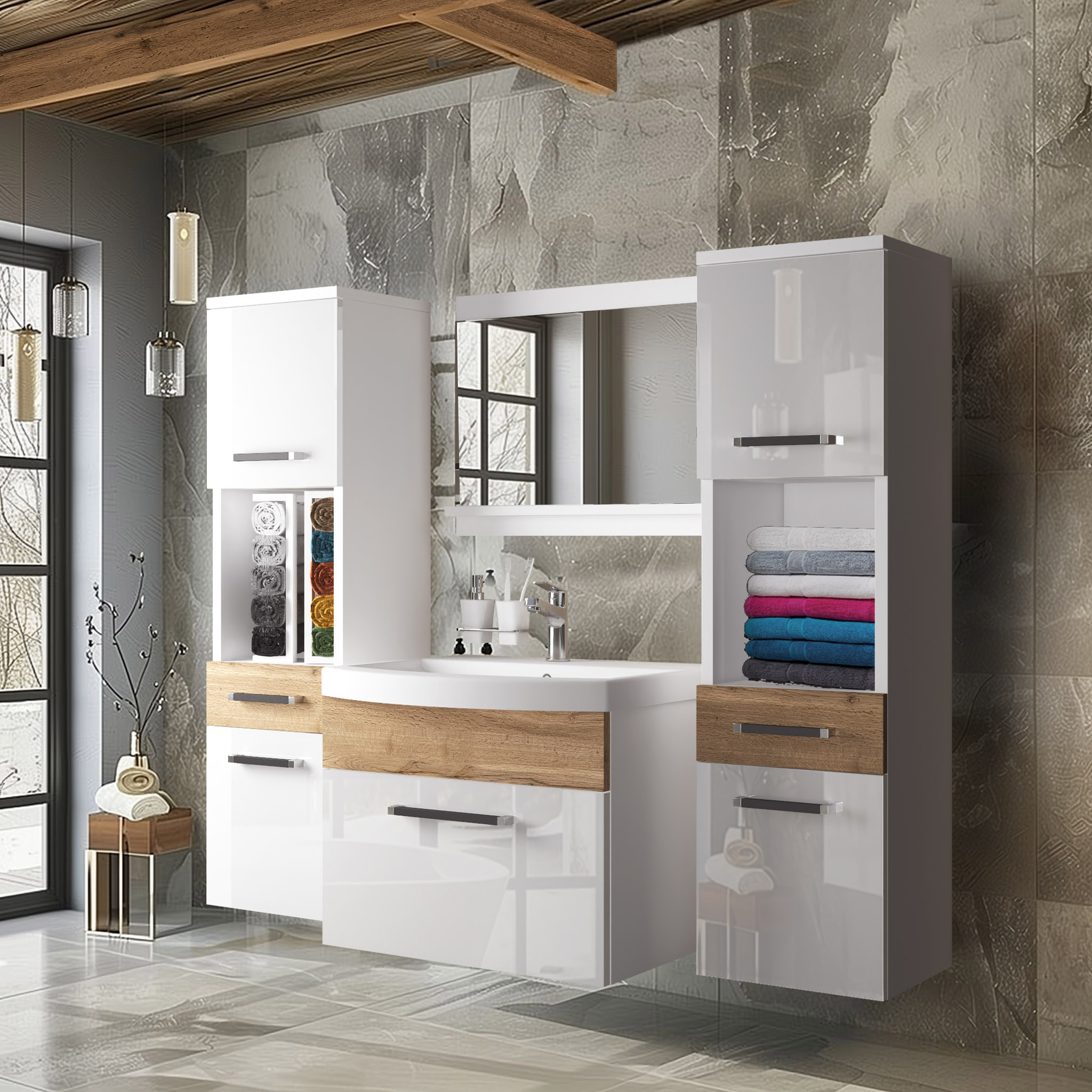 Badezimmer mit Holz- und Weißelementen