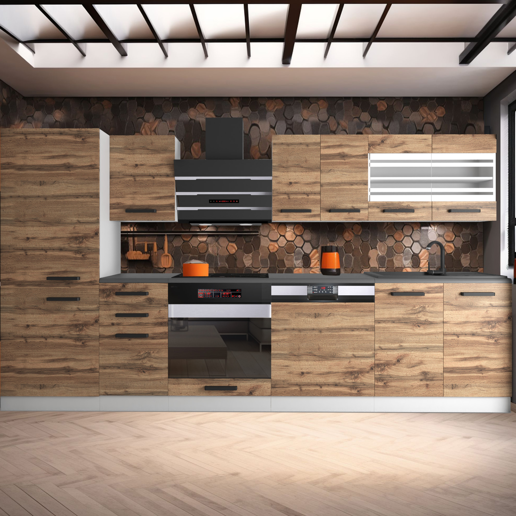 Küche mit Holzwandverkleidung und stilvollen Schränken