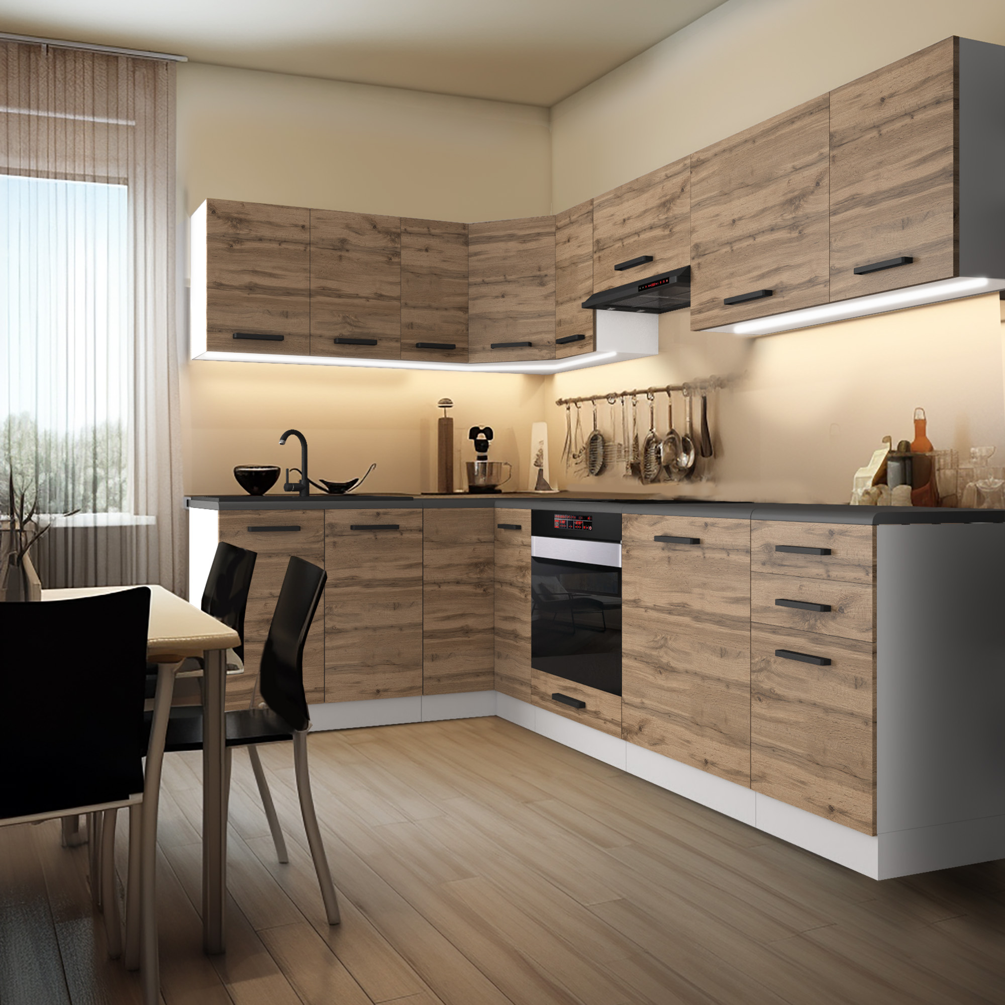 Küche mit Holzfronten und integriertem Ofen